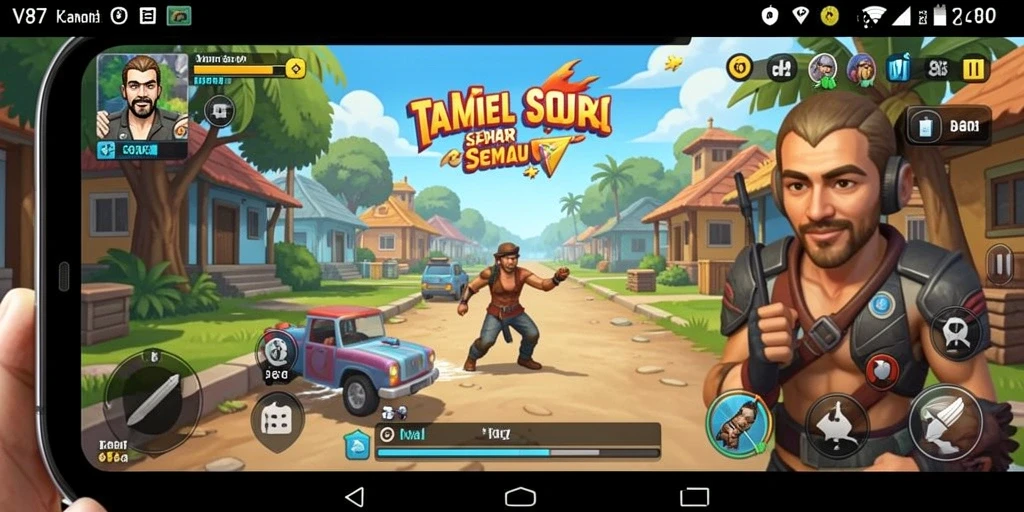 Screenshot utama V87 menunjukkan antarmuka game yang ramah pengguna dengan grafis cerah.
